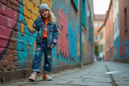Adolescente en style drip unique devant un mur de graffitis colorés en milieu urbain