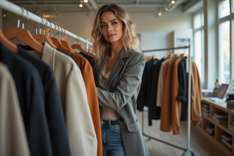 Styliste femme en studio arrangeant des tenues