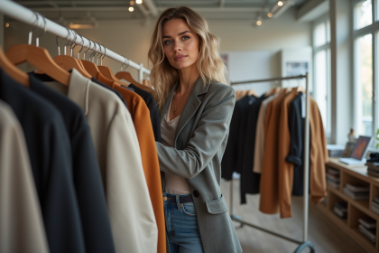 Styliste femme en studio arrangeant des tenues