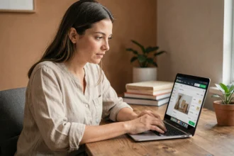 Femme suivant sa livraison de vêtements en ligne sur un ordinateur portable via le service matenue laposte