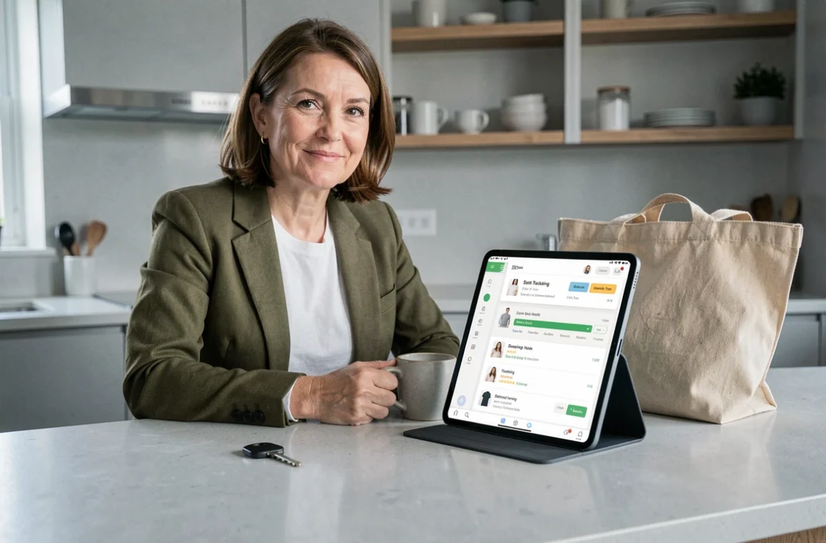 Femme vérifiant l'état de sa livraison de tenues sur tablette via le service matenue laposte dans sa cuisine