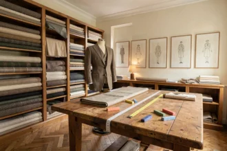 Atelier de couture sur mesure dans les Pays de la Loire avec tissus, mannequin et table de coupe