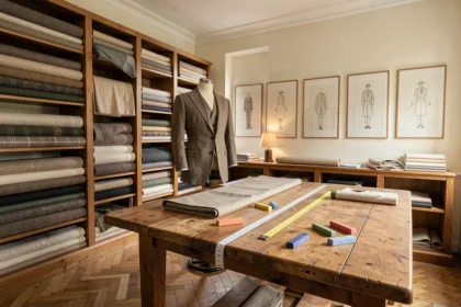 Atelier de couture sur mesure dans les Pays de la Loire avec tissus, mannequin et table de coupe