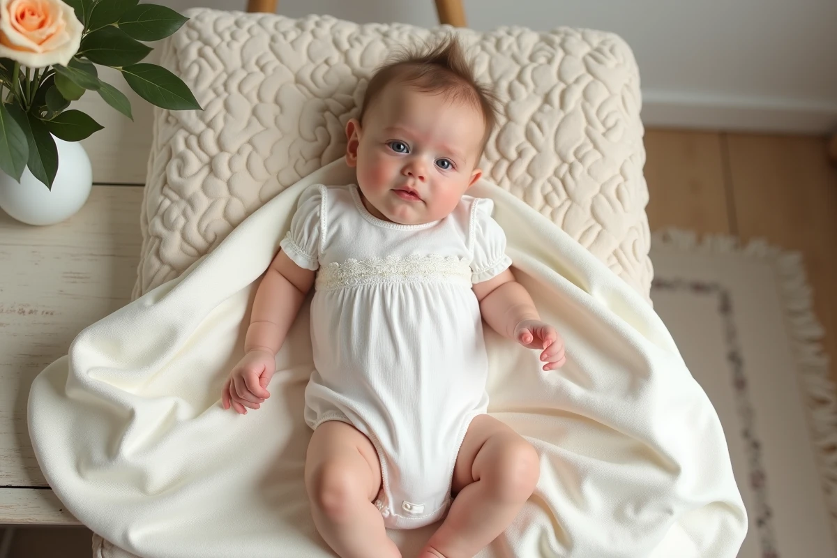 Tenue de baptême en coton piqué blanc avec col en dentelle pour bébé garçon, vue du dessus sur linge de lit en lin