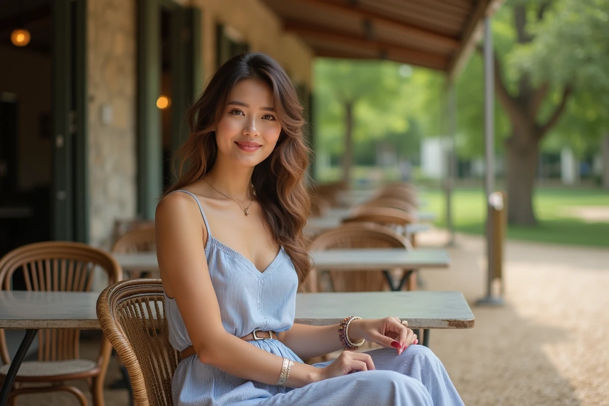 Femme mince en jupe midi vintage et marinière assise à une guinguette en plein air entourée de marronniers
