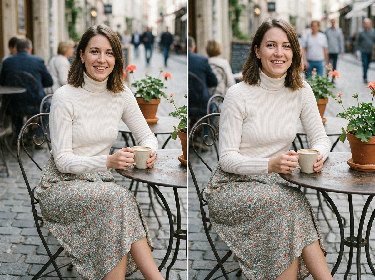 Femme assise en terrasse de café portant une jupe midi à imprimé liberty et un pull col roulé en coton côtelé, illustrant l'association de matières et d'imprimés dans un look quotidien facile.