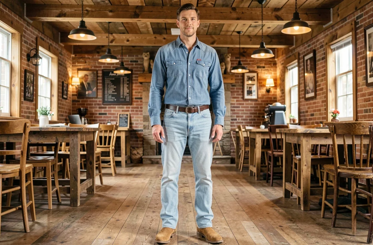 Homme en tenue cowboy authentique avec santiags en daim beige dans un café rustique aux murs en brique