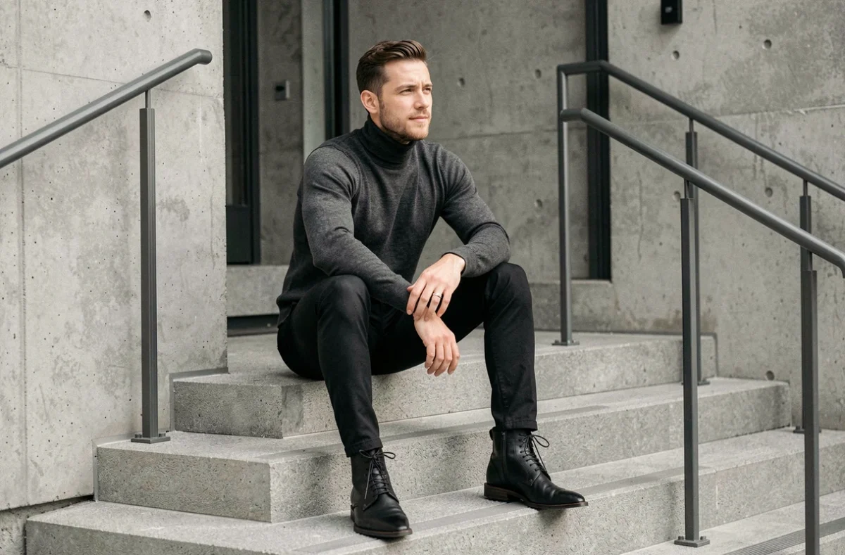 Homme assis en santiags noires et col roulé gris sur les marches d'un bâtiment moderne minimaliste