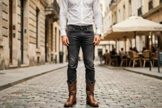 Homme en tenue urbaine avec santiags en cuir marron et jean slim sur un trottoir pavé en ville