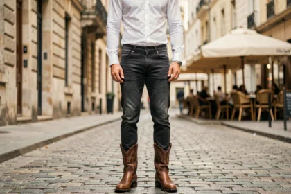 Homme en tenue urbaine avec santiags en cuir marron et jean slim sur un trottoir pavé en ville
