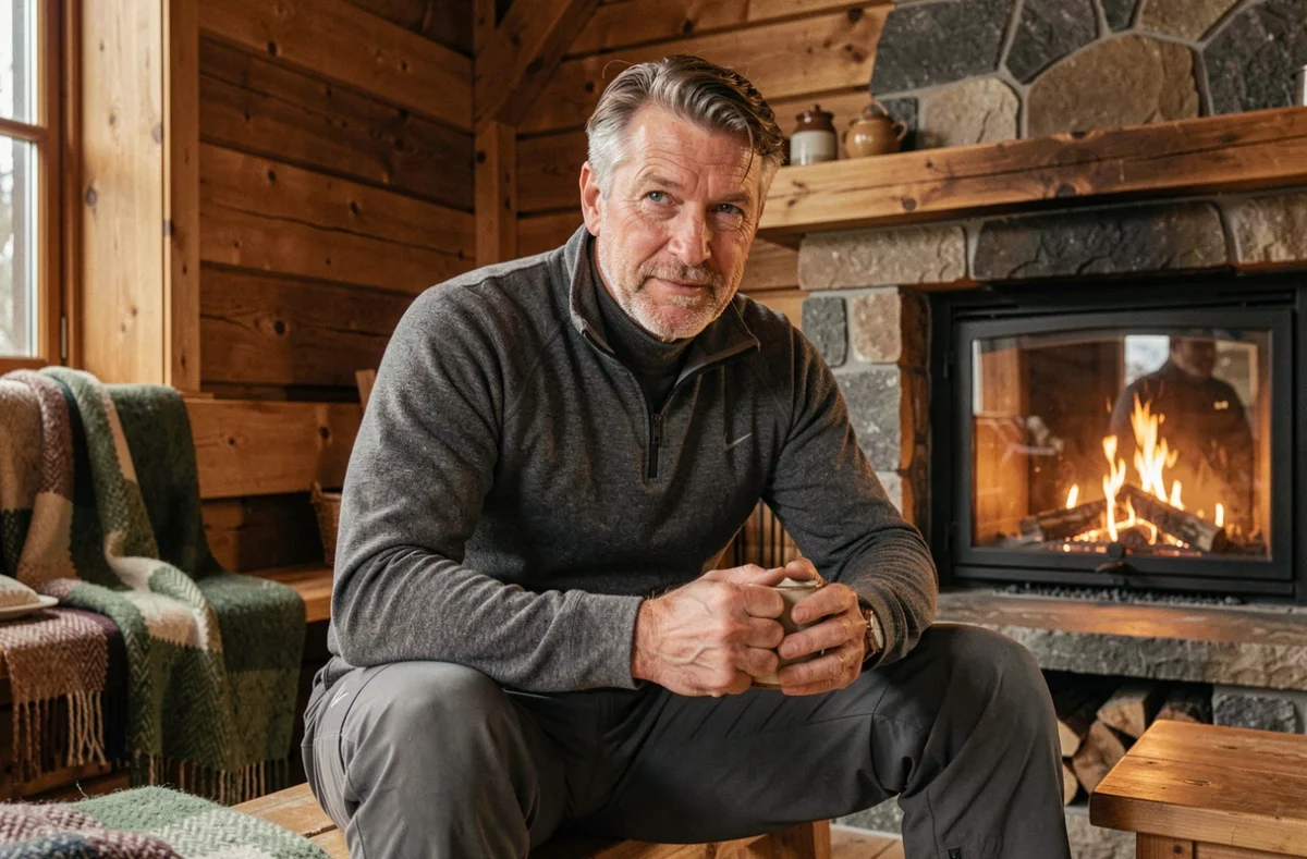 Homme en tenue de ski technique haut de gamme assis dans un refuge de montagne en bois, se réchauffant les mains autour d'une tasse avec une cheminée en pierre en arrière-plan