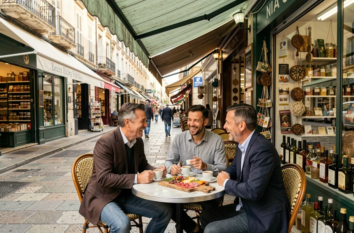 Terrasse de café animée dans une rue commerçante de Marseille près du Vieux-Port