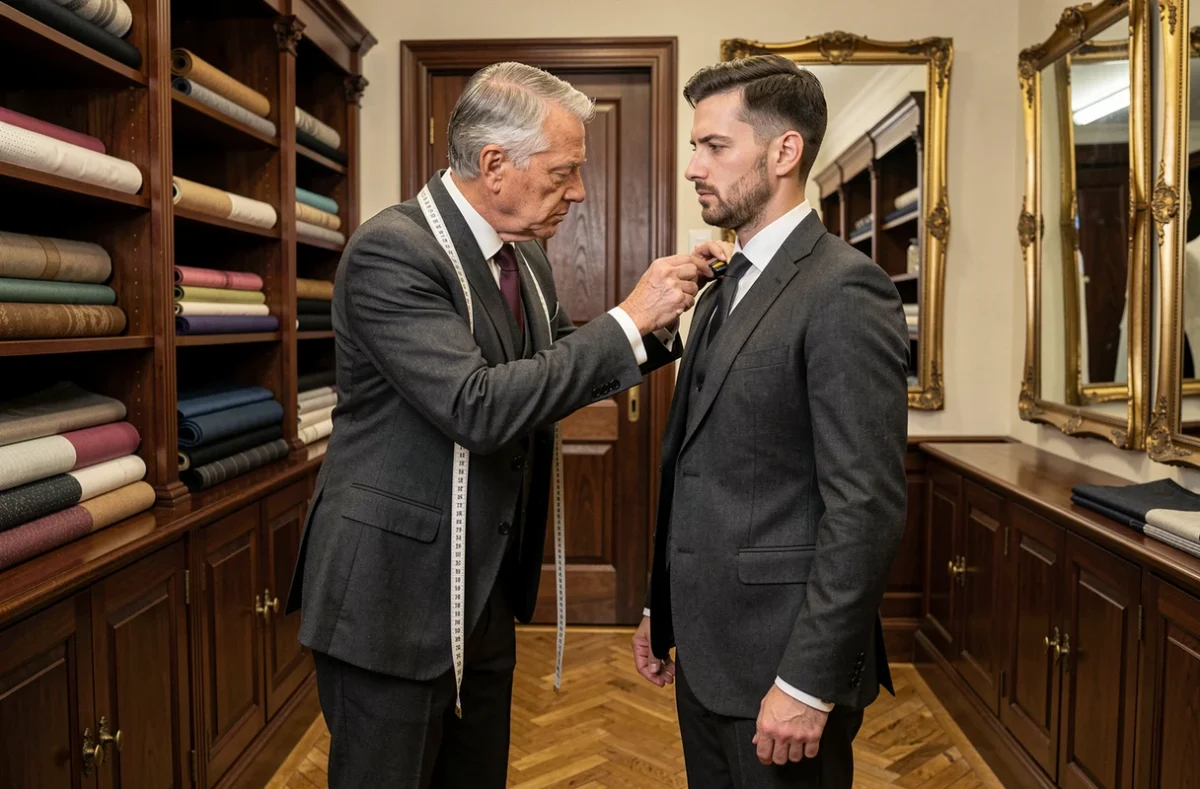 Maître tailleur Tony Zampino mesurant un client pour un costume homme sur mesure à Nantes