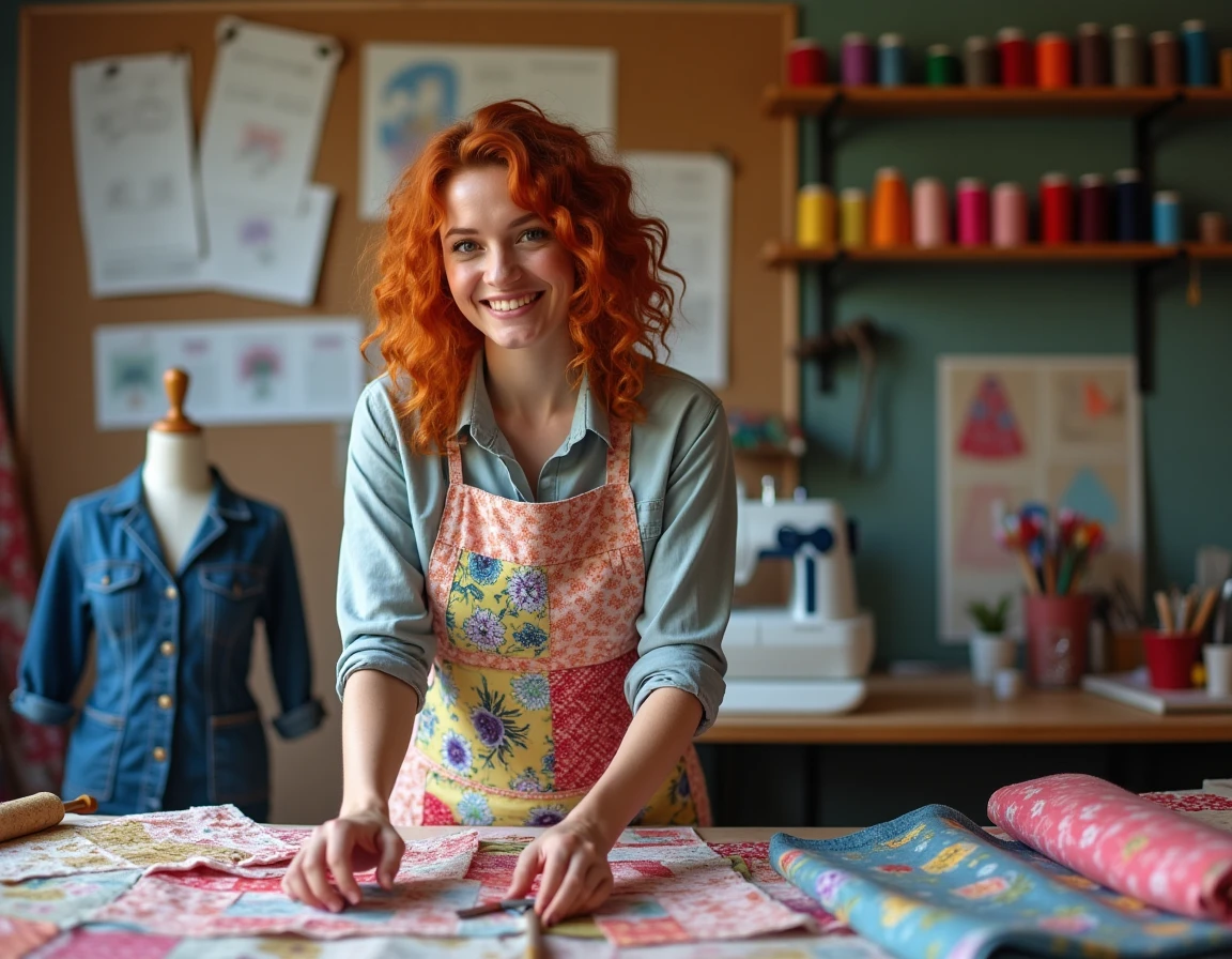Couturière de Toutes Coutures entourée de tissus colorés dans un atelier créatif polyvalent du Nord