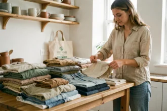 Femme triant des vêtements de seconde main sur une table en bois dans un appartement scandinave, illustrant la mode durable et le recyclage textile via Sellpy