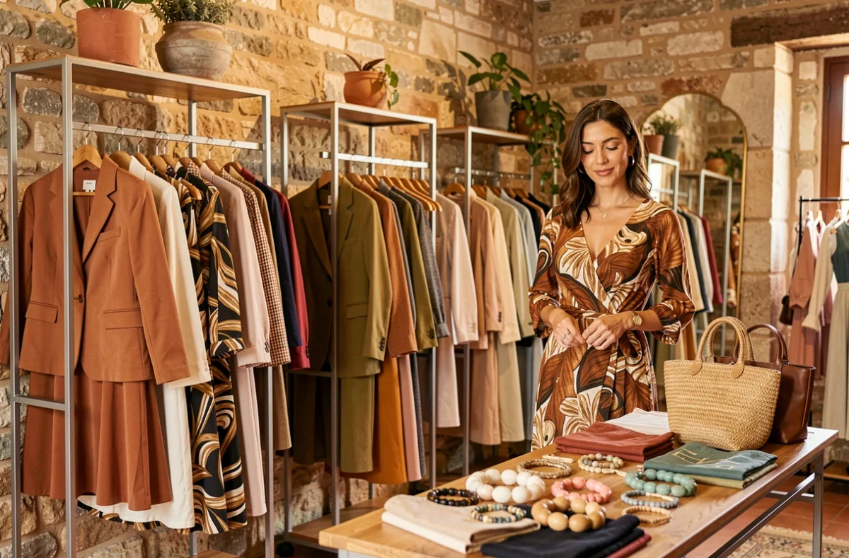 Boutique Tribu by Galene à Montélimar avec des vêtements féminins contemporains sur fond de mur en pierre