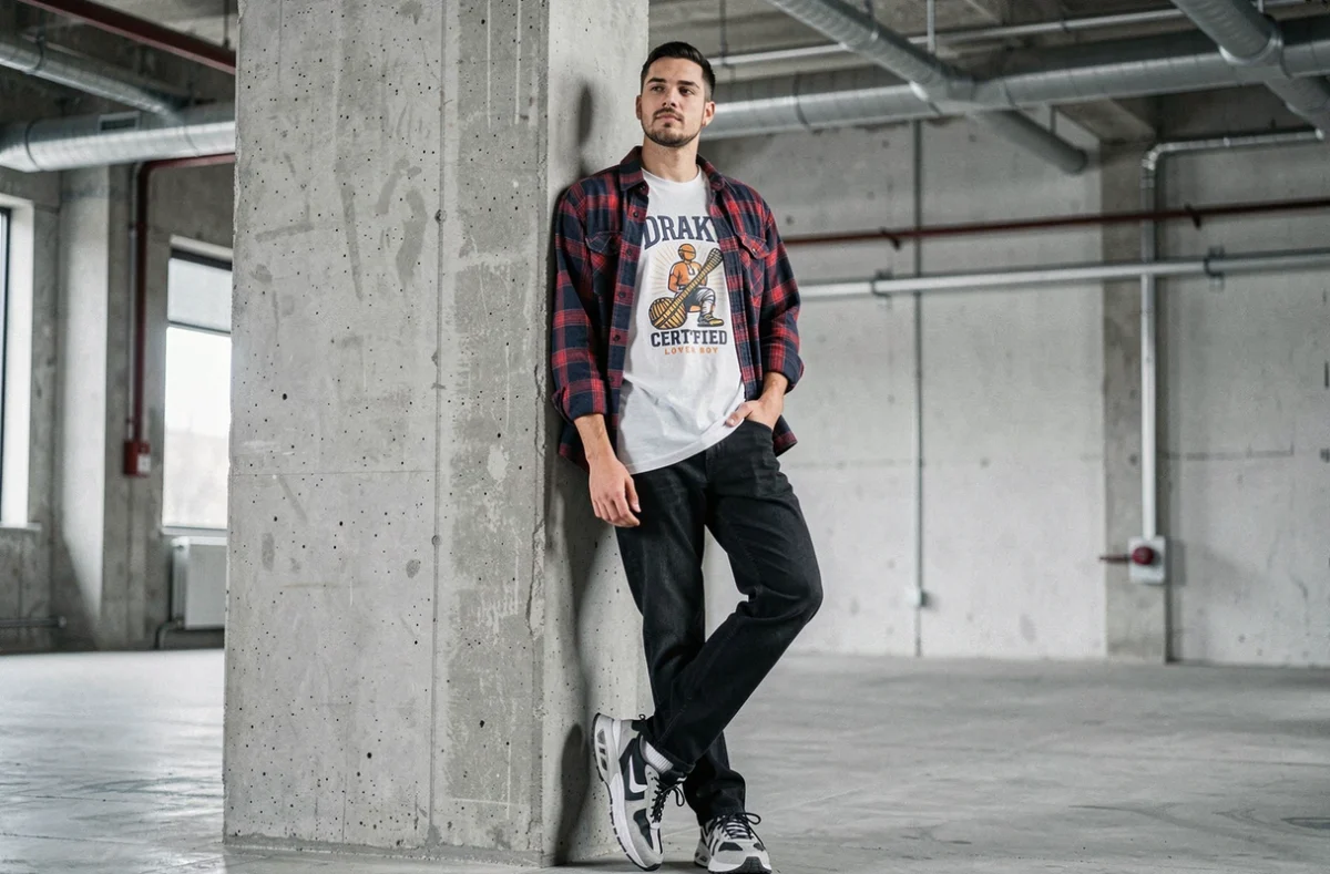 Homme portant un t-shirt Drake oversized layeré sous une chemise flanelle dans un loft industriel au style streetwear soigné
