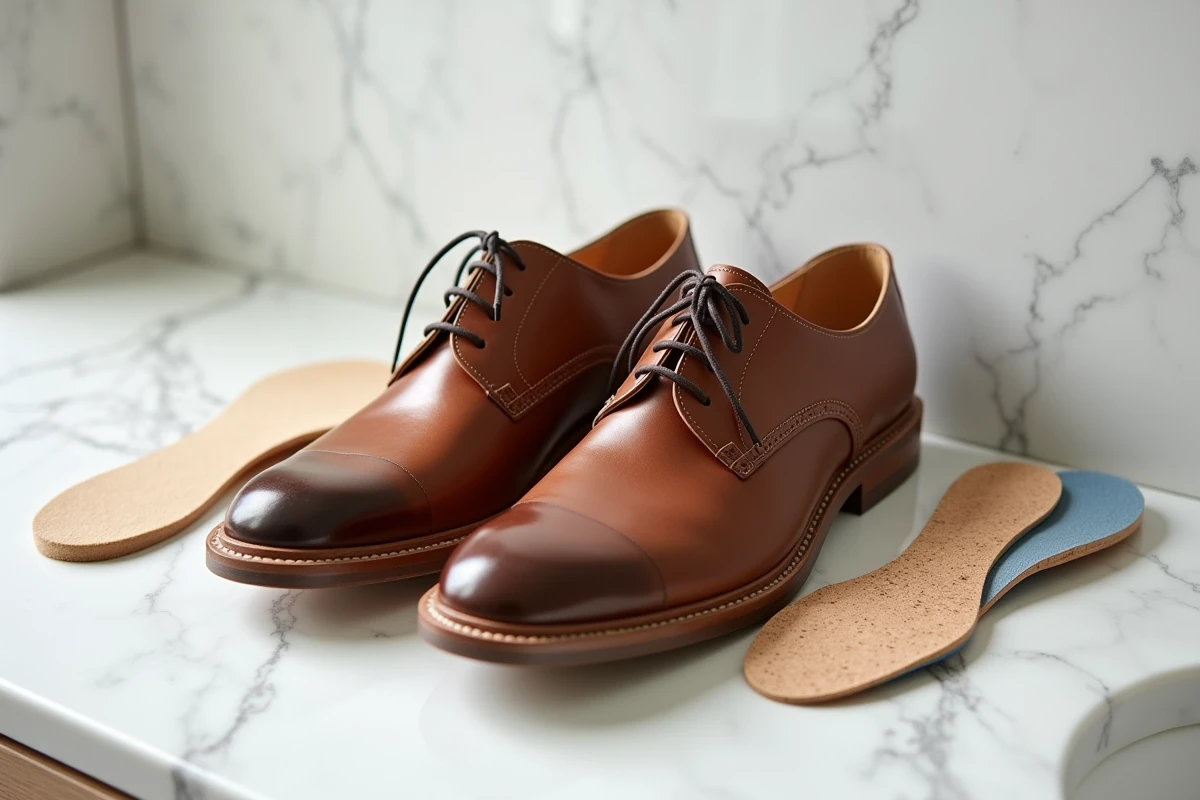 Différents types de semelles correctrices posées à côté de chaussures trop grandes sur un plan de travail