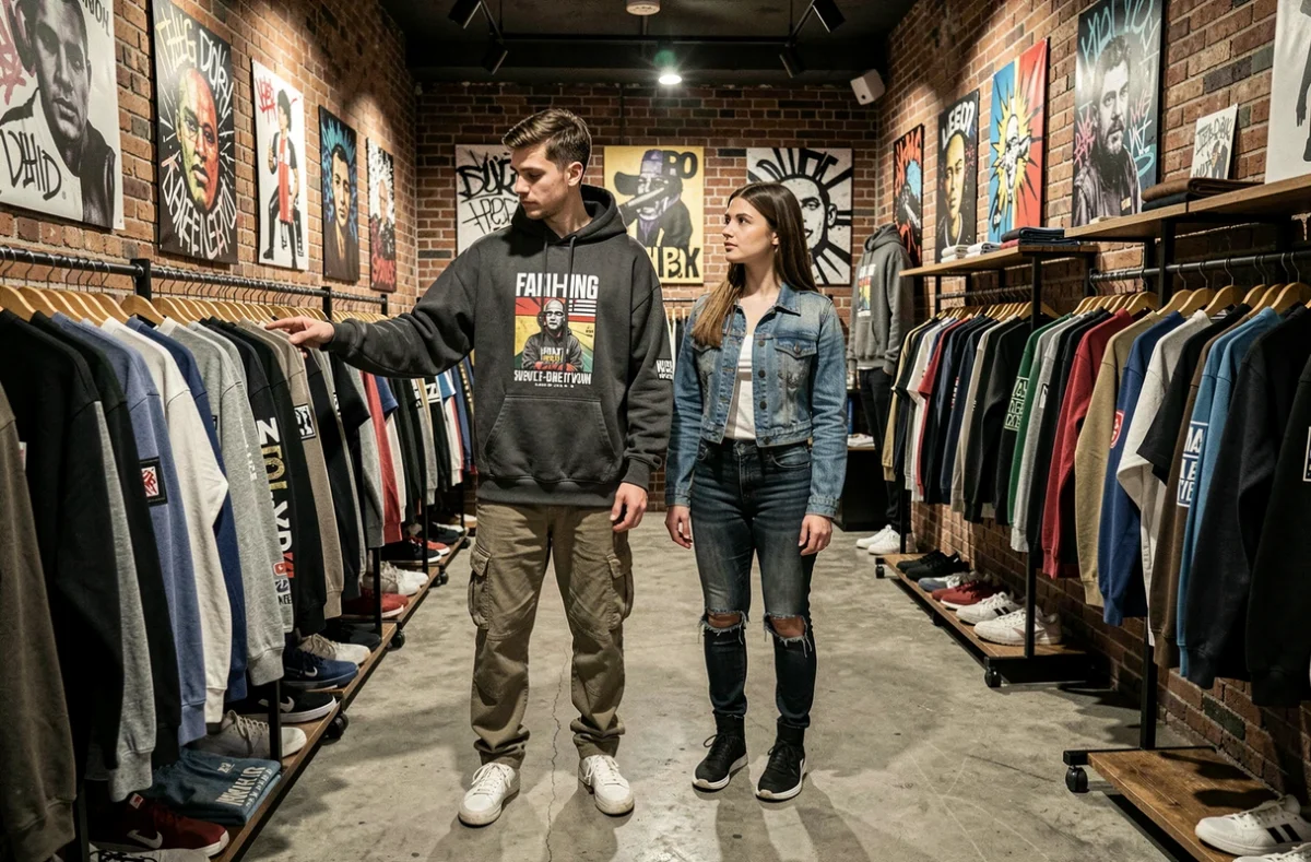 Boutique Underground à Dijon avec deux clients parcourant du streetwear mixte dans un cadre urbain briques apparentes