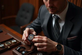 Expert horloger en costume sombre examinant une montre de luxe tourbillon lors d'une vente confidentielle privée