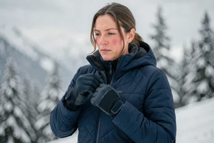 Femme portant une veste de ski haut de gamme rembourrée bleu marine sur une piste enneigée, ajustant ses gants isolants avec des sapins givrés en arrière-plan