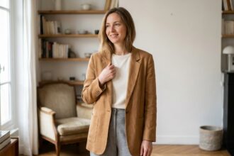 Femme portant un blazer en lin camel et un pantalon large gris dans un appartement parisien, illustrant un vestiaire facile à porter avec des matières naturelles et des coupes amples.