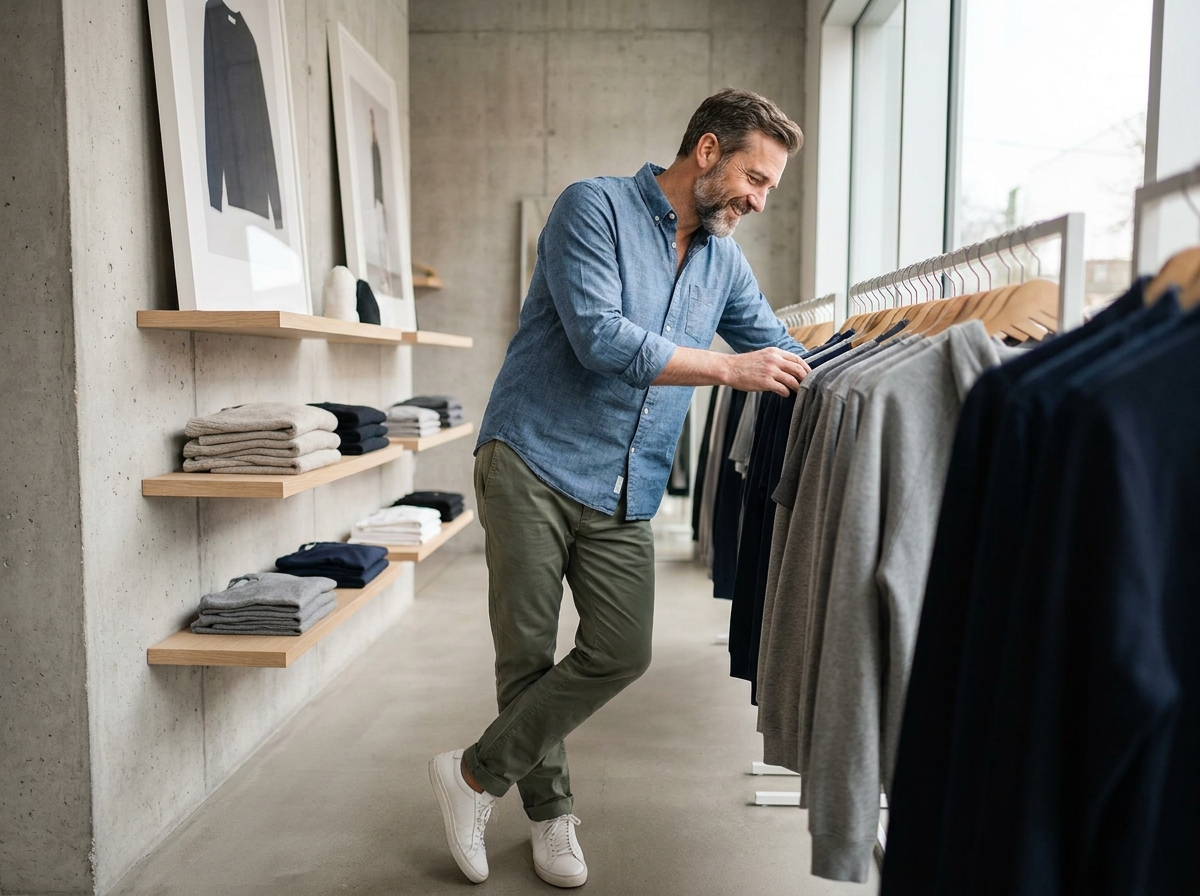 Homme en chemise chambray et chino olive explorant un portant de vêtements dans un concept store minimaliste, mettant en valeur les matières et coupes d'un vestiaire polyvalent.
