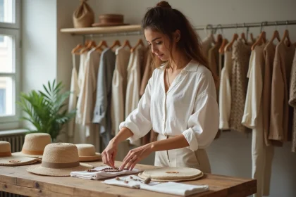 Femme élégante dans une boutique écologique avec accessoires